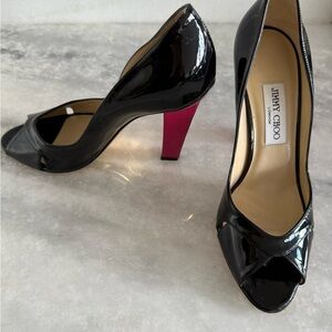 Jimmy Choo Black Patent Heels with Pink Accent & Gold Bottoms • 39